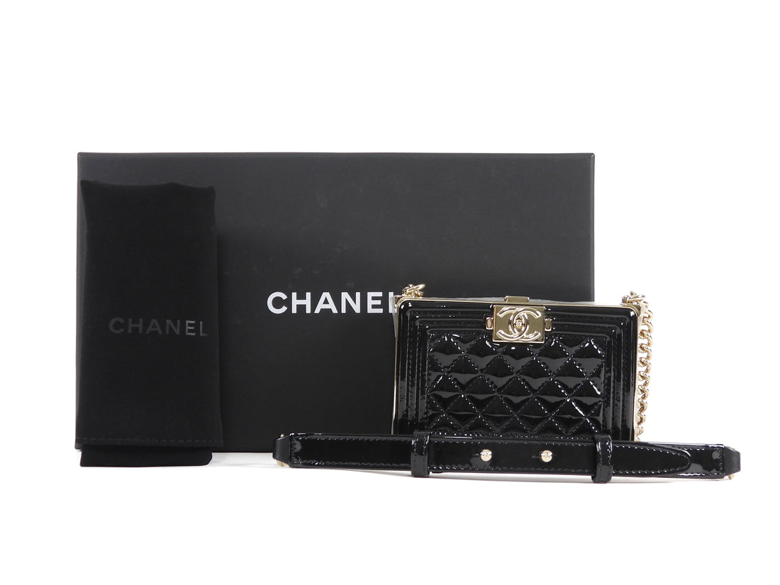 Chanel Black Patent Boy Chain Box Minaudiere Nano Evening Bag
