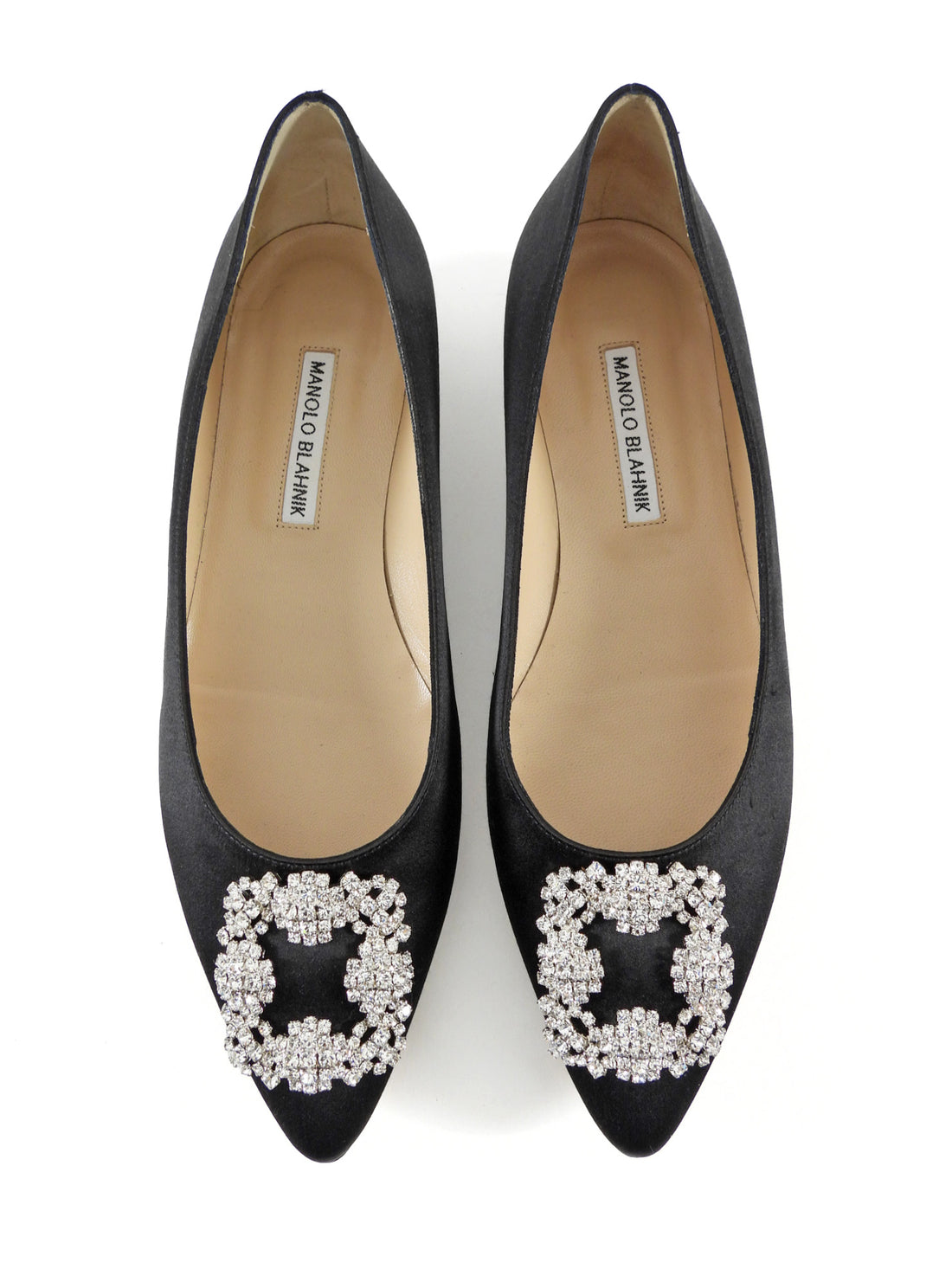 Manolo Blahnik Black Satin Crystal Hangisi Pointed Flats - 39.5