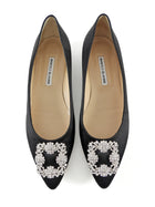 Manolo Blahnik Black Satin Crystal Hangisi Pointed Flats - 39.5