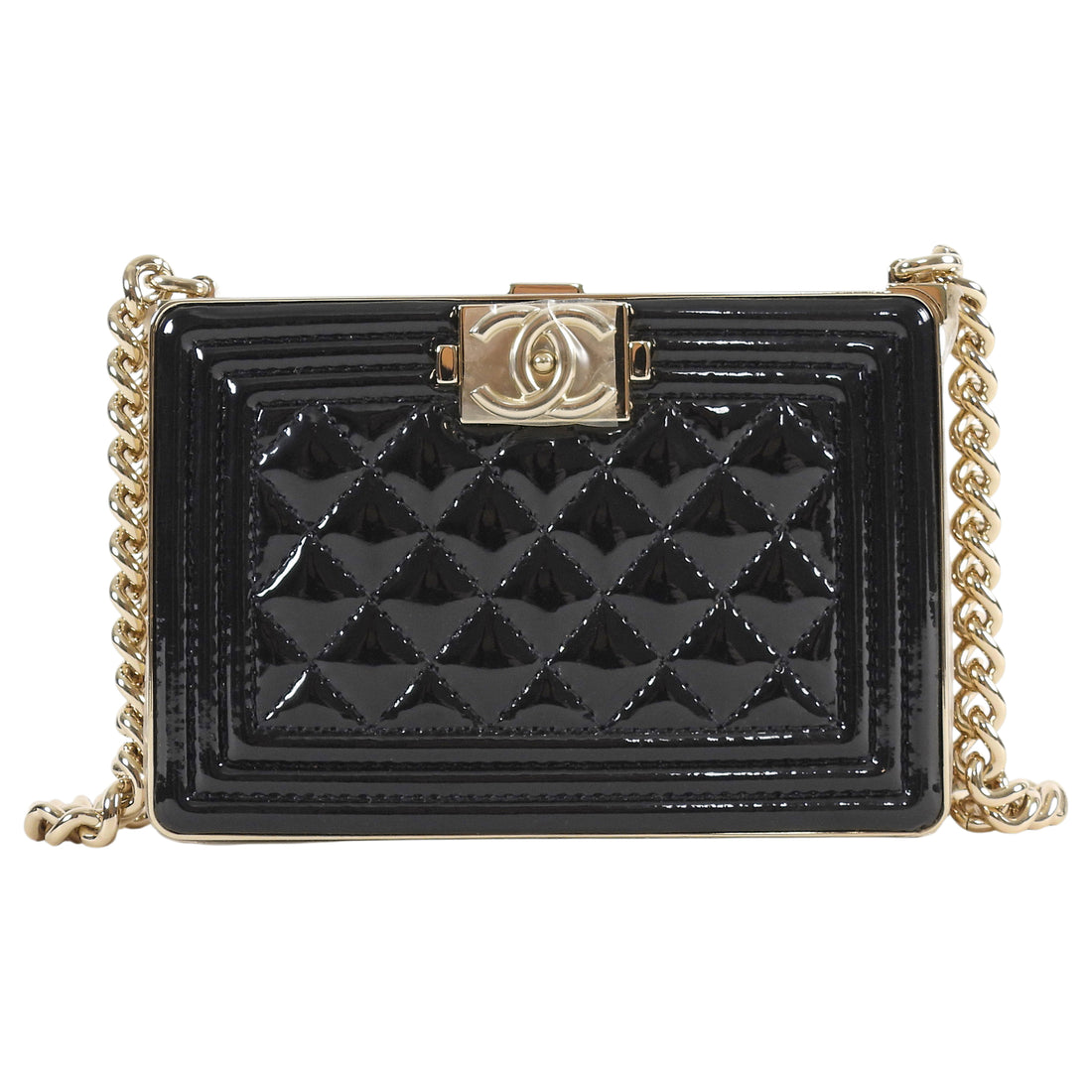 Chanel Black Patent Boy Chain Box Minaudiere Nano Evening Bag