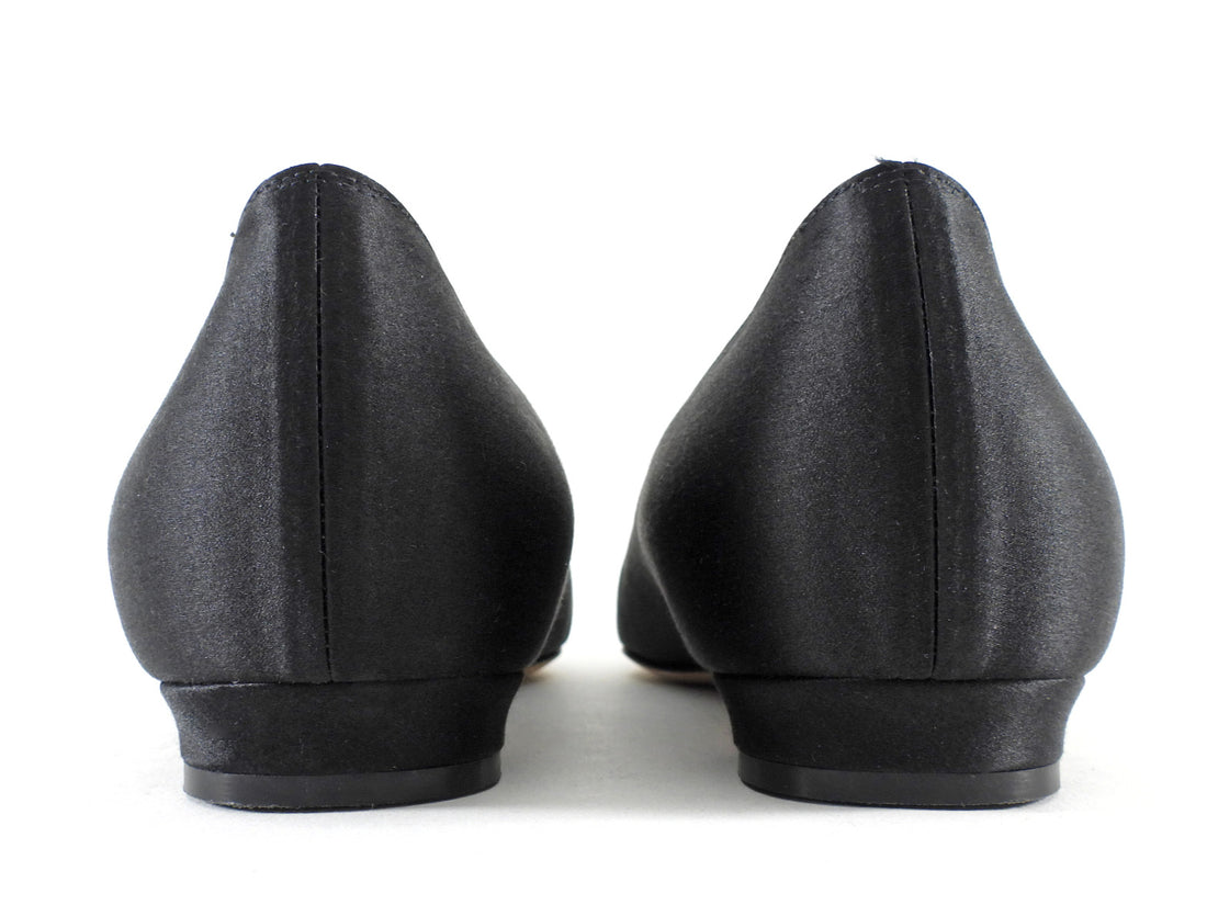 Manolo Blahnik Black Satin Crystal Hangisi Pointed Flats - 39.5