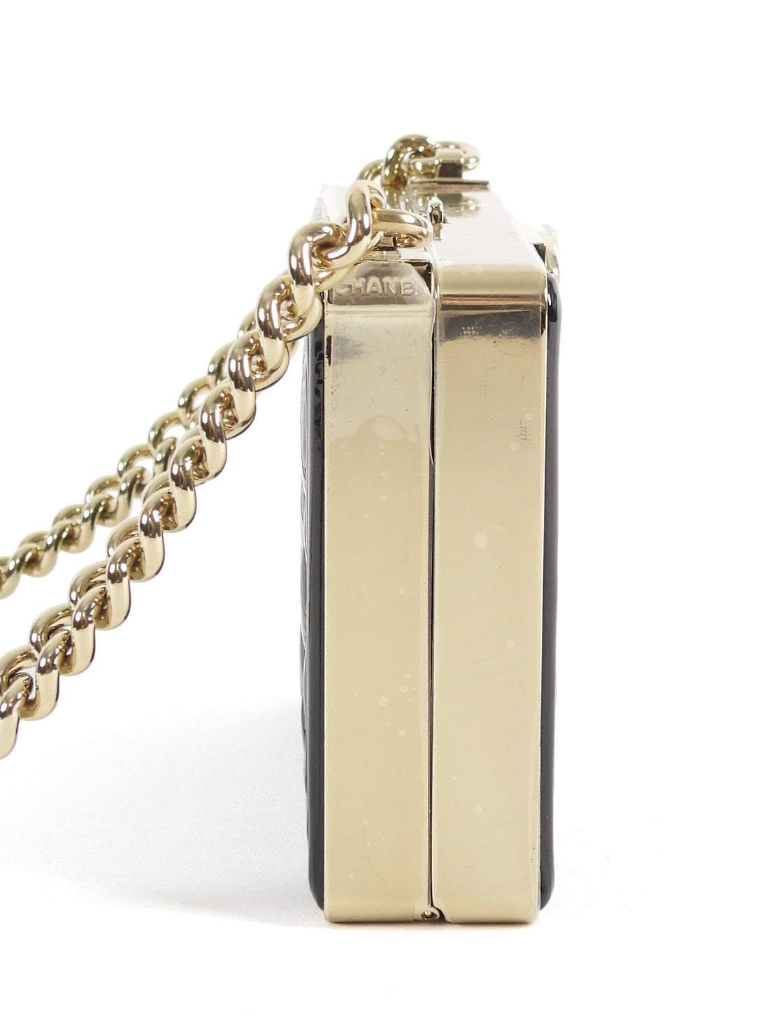 Chanel Black Patent Boy Chain Box Minaudiere Nano Evening Bag