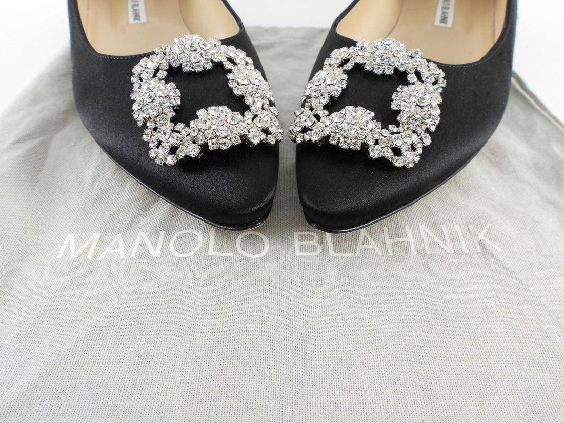 Manolo Blahnik Black Satin Crystal Hangisi Pointed Flats - 39.5