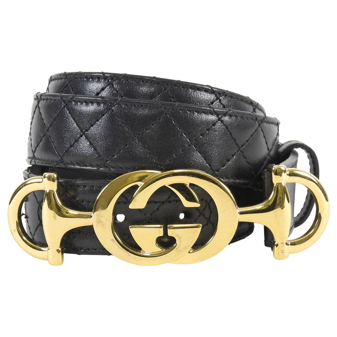 Gucci Black and Gold Tone Zumi Horsebit Buckle Quilted Leather Belt - 95 / 38