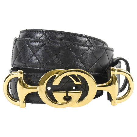 Gucci Black and Gold Tone Zumi Horsebit Buckle Quilted Leather Belt - 95 / 38