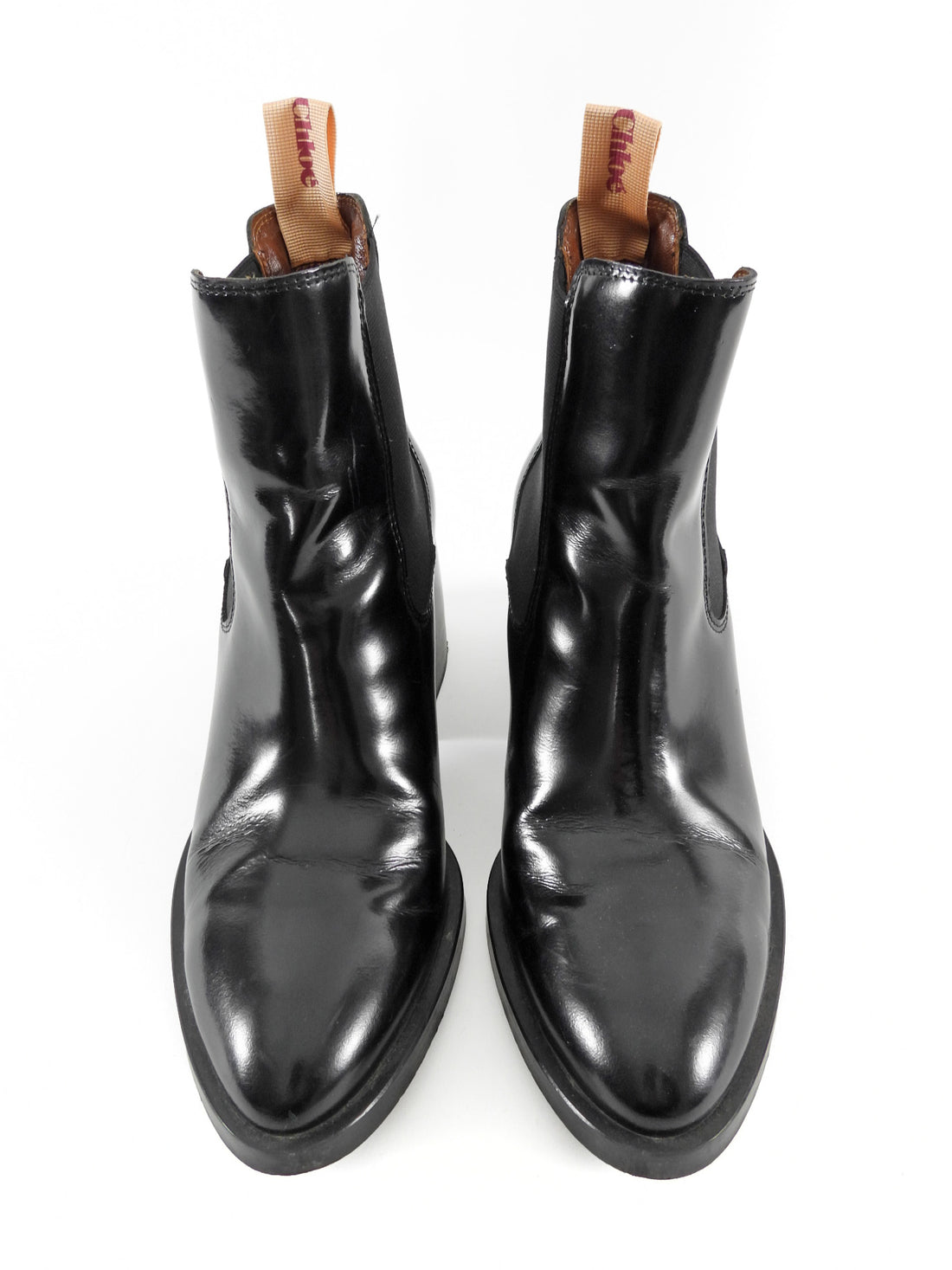 See by Chloe Black Glossed Leather Block Heel Chelsea Boots - 38