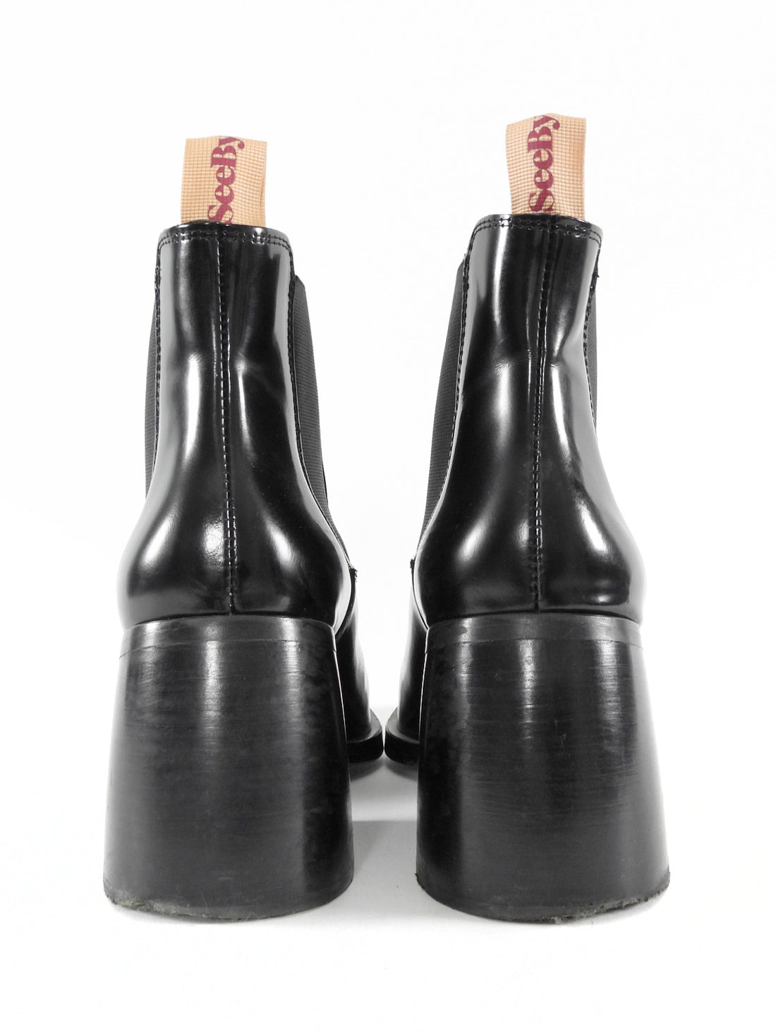 See by Chloe Black Glossed Leather Block Heel Chelsea Boots - 38