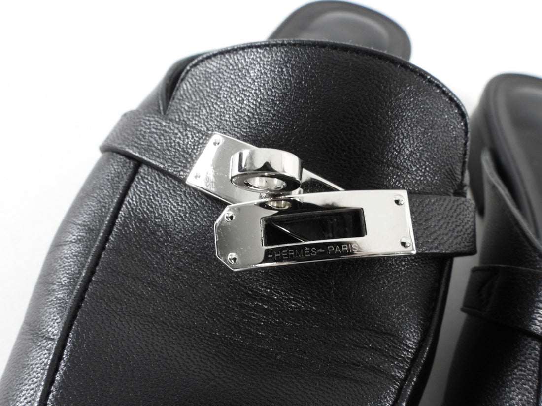Hermes Black Leather Flat Oz Kelly Lock Mule Shoes PHW - 37.5