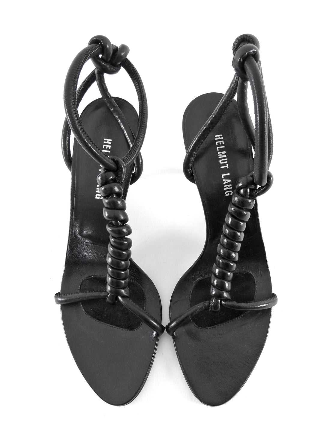 Helmut Lang Black Knotted Leather T Strap Heeled Sandals 38