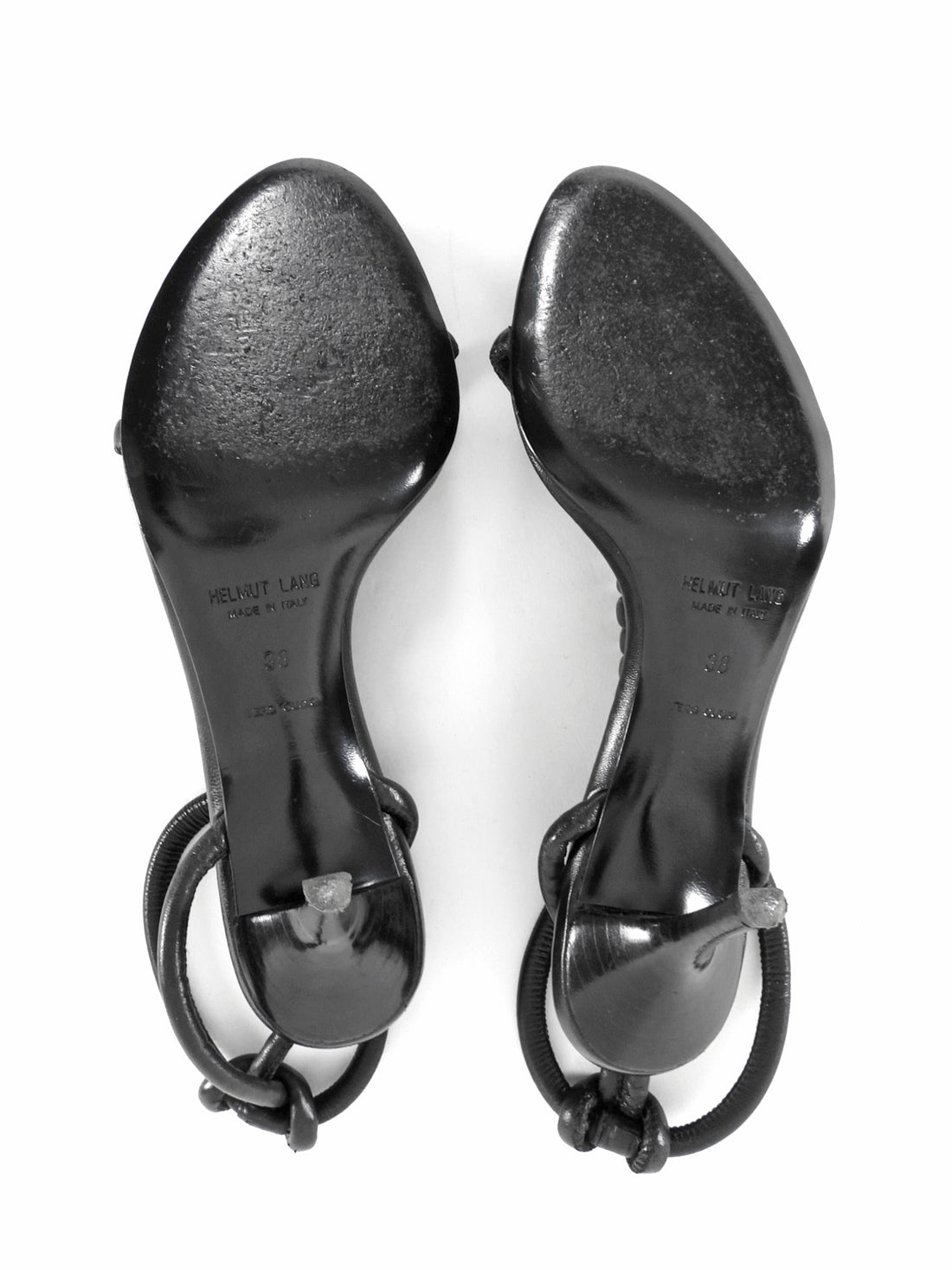 Helmut Lang Black Knotted Leather T Strap Heeled Sandals 38