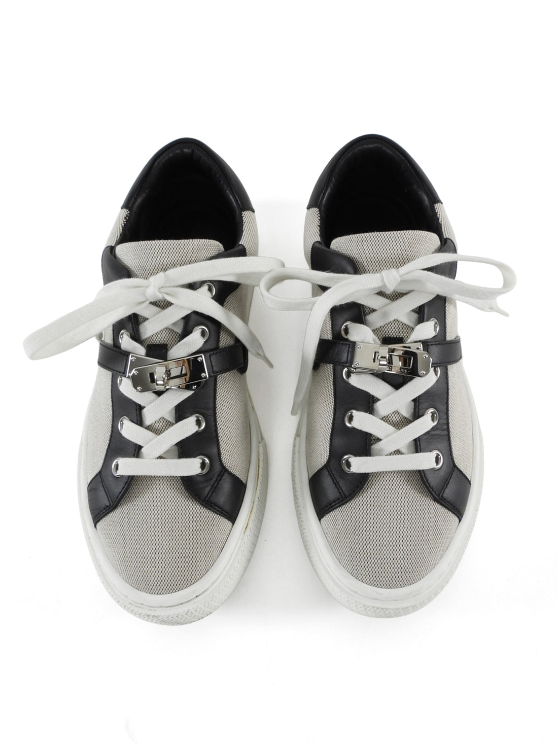 Hermes Day Grey Toile Black Leather Kelly Lock Sneakers