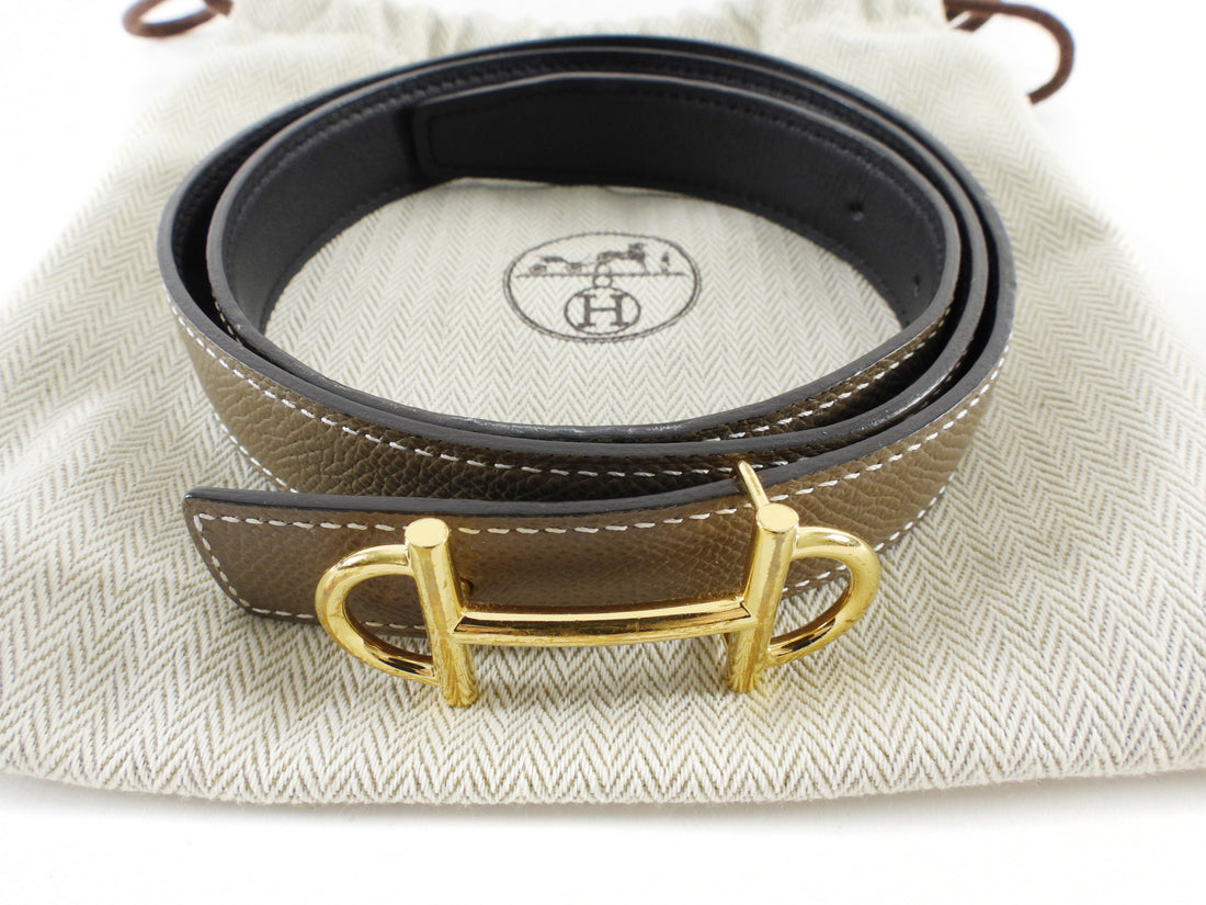 Hermes Etoupe / Black Epsom Leather Reversible Gamma Belt GHW - 85