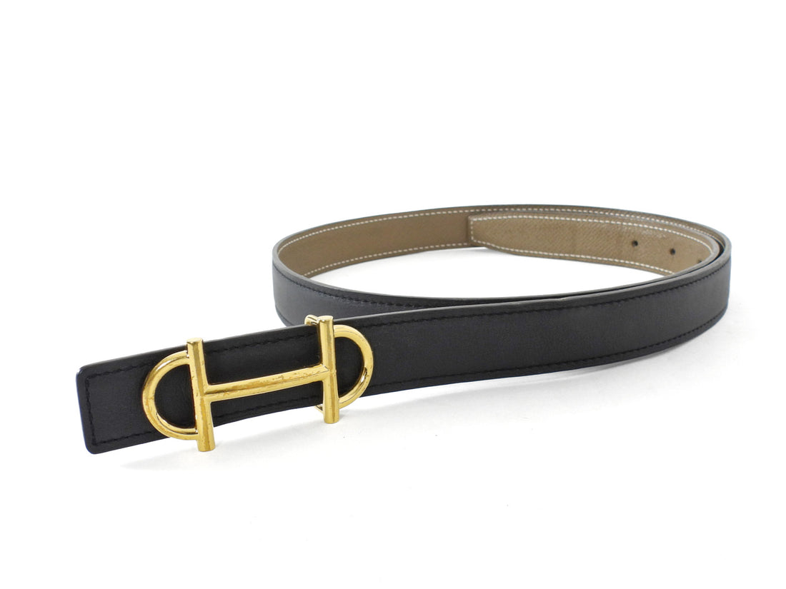 Hermes Etoupe / Black Epsom Leather Reversible Gamma Belt GHW - 85