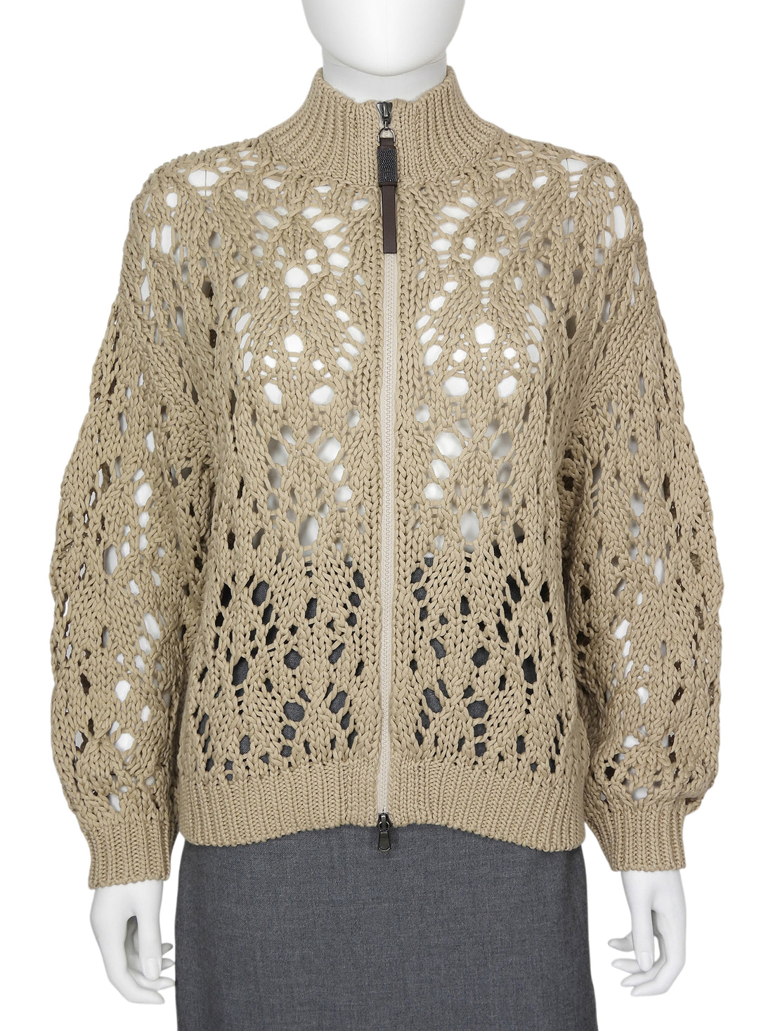Brunello  Cuccinelli Cotton Open Knit Zip Monili Cardigan Sweater - S / US 4-6