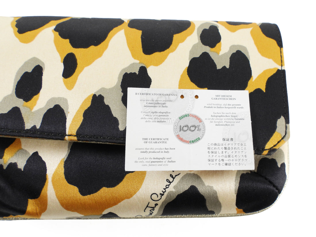 Roberto Cavalli Leopard Satin Leather Lined Mini Clutch Bag Mini