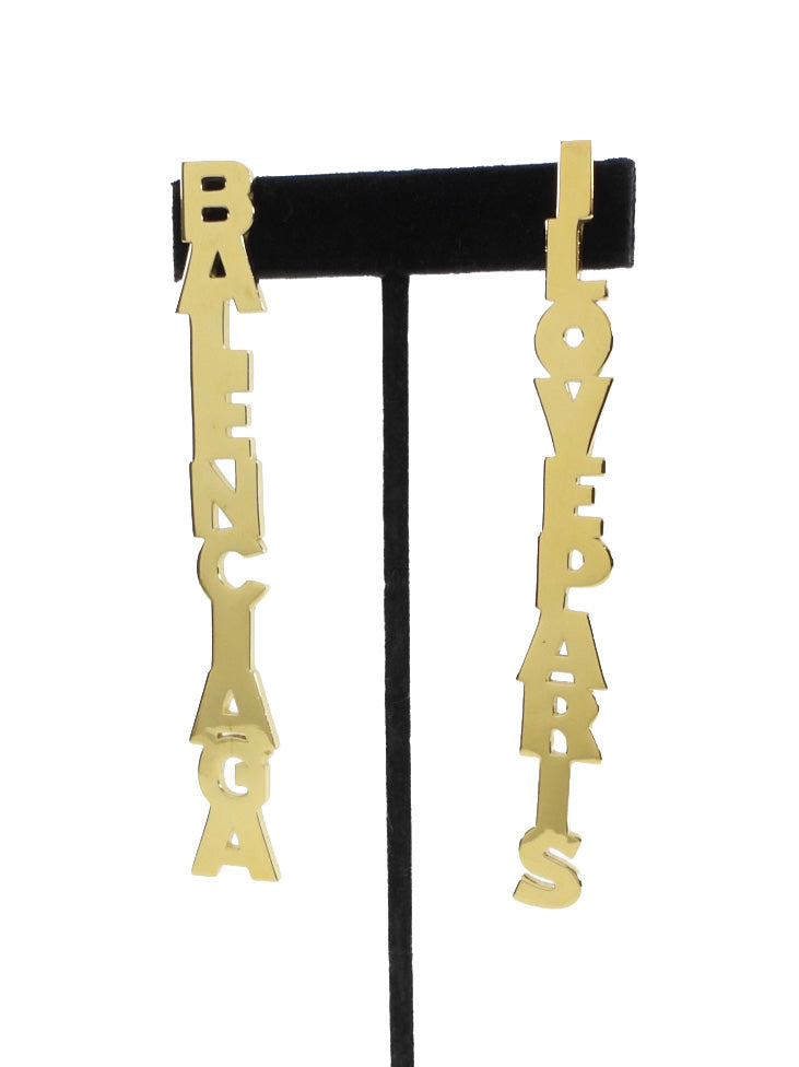 Balenciaga Goldtone Mismatched I Love Paris / Logo Long Drop Earrings