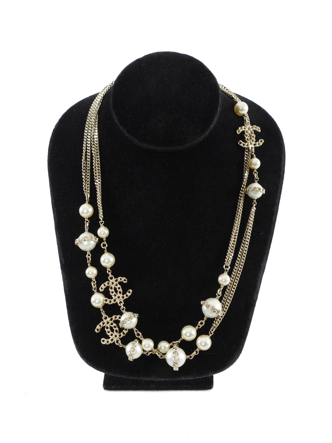 Chanel 16B Light Goldtone Faux Pearl CC Long Sautoir Necklace