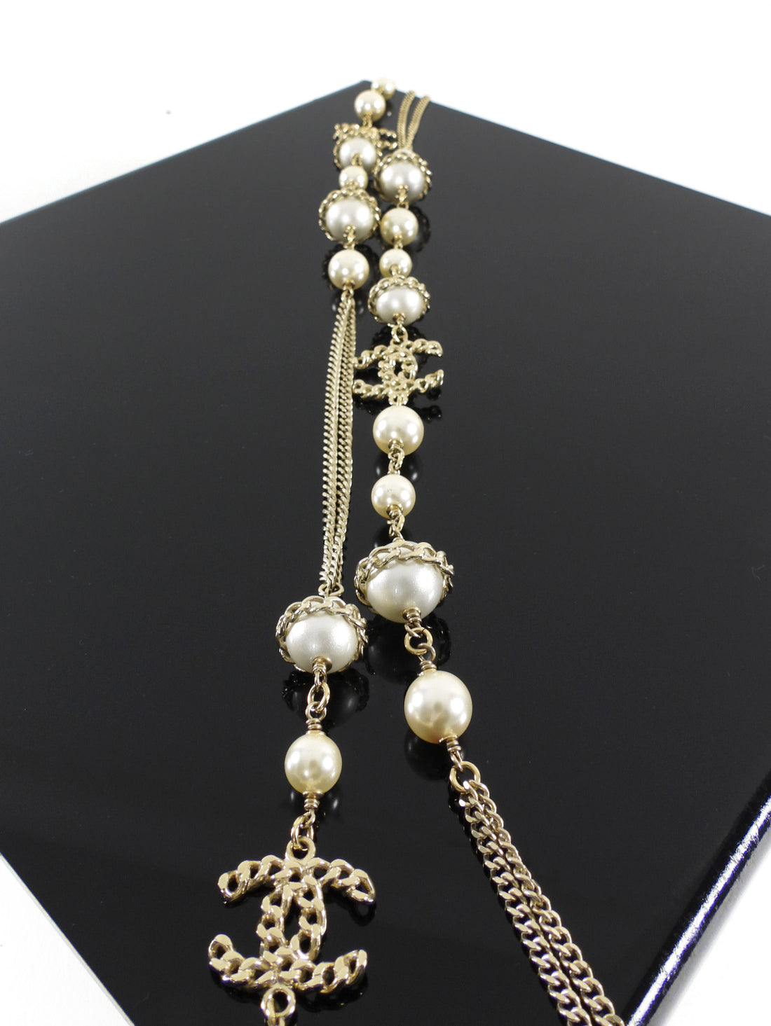 Chanel 16B Light Goldtone Faux Pearl CC Long Sautoir Necklace