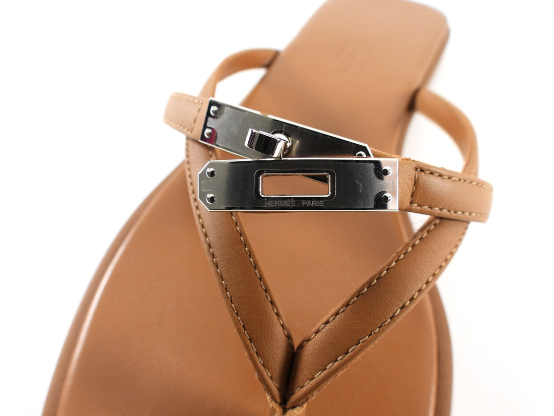 Hermes Miss Mini Kelly Lock Tan Calfskin Flat Strappy Sandal - 37