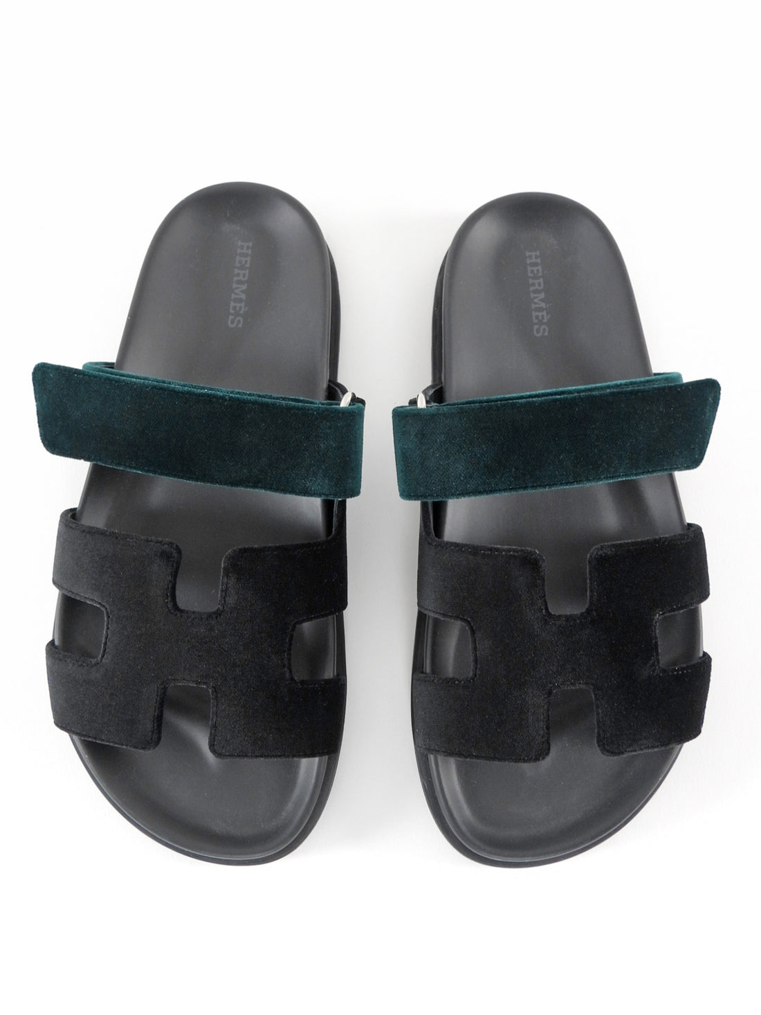Hermes Chypre Black and Green Velvet Two Tone Flat Sandal - 37.5 / US 7