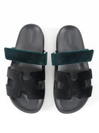 Hermes Chypre Black and Green Velvet Two Tone Flat Sandal - 37.5 / US 7