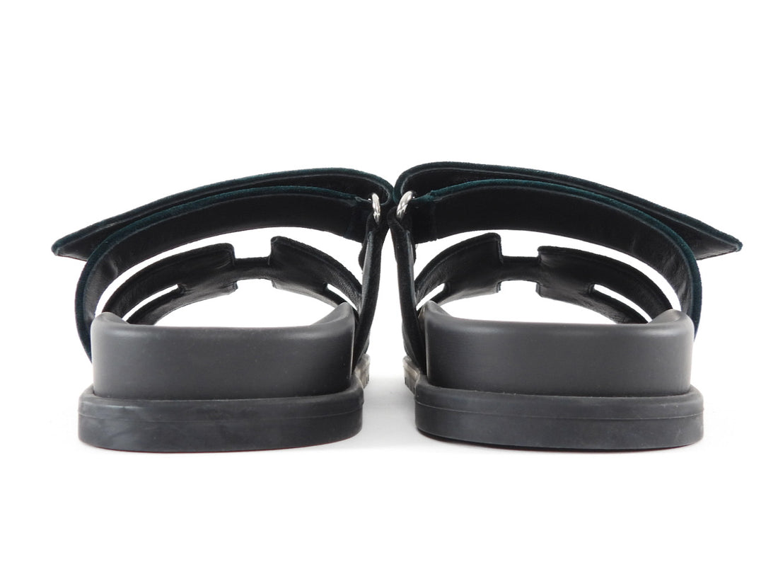 Hermes Chypre Black and Green Velvet Two Tone Flat Sandal - 37.5 / US 7