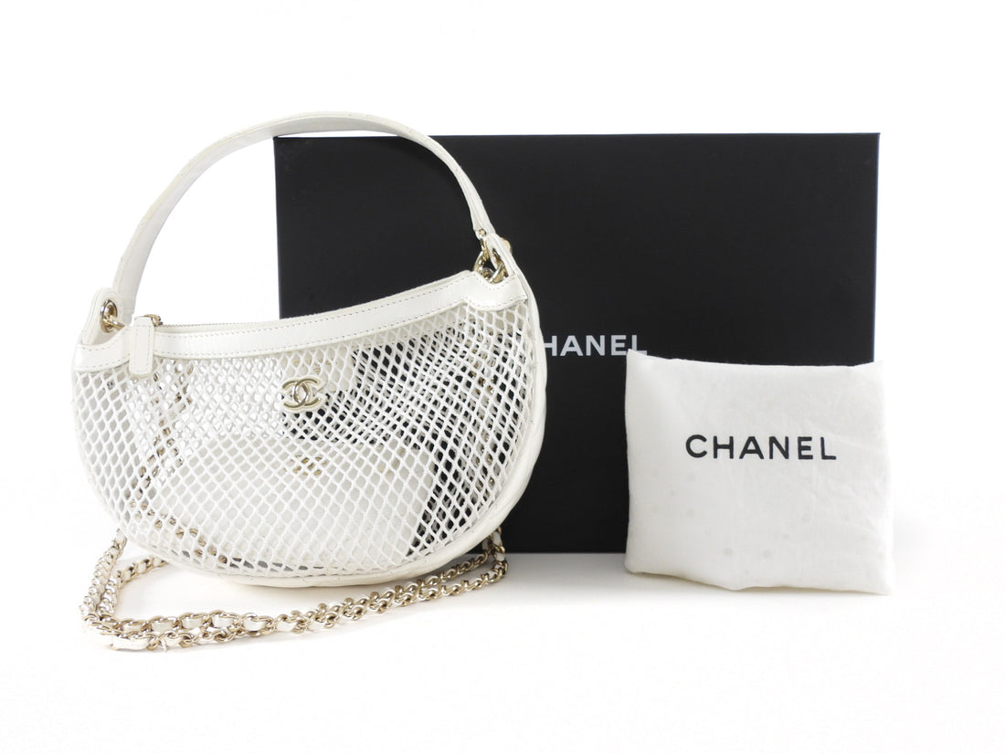 Chanel 2025 White Mesh Shiny Lambskin Chain Hobo Bag