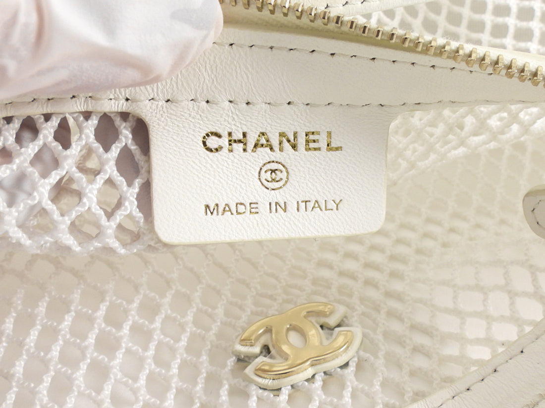 Chanel 2025 White Mesh Shiny Lambskin Chain Hobo Bag