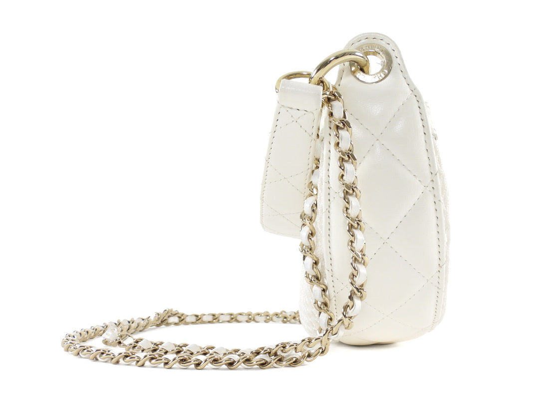 Chanel 2025 White Mesh Shiny Lambskin Chain Hobo Bag