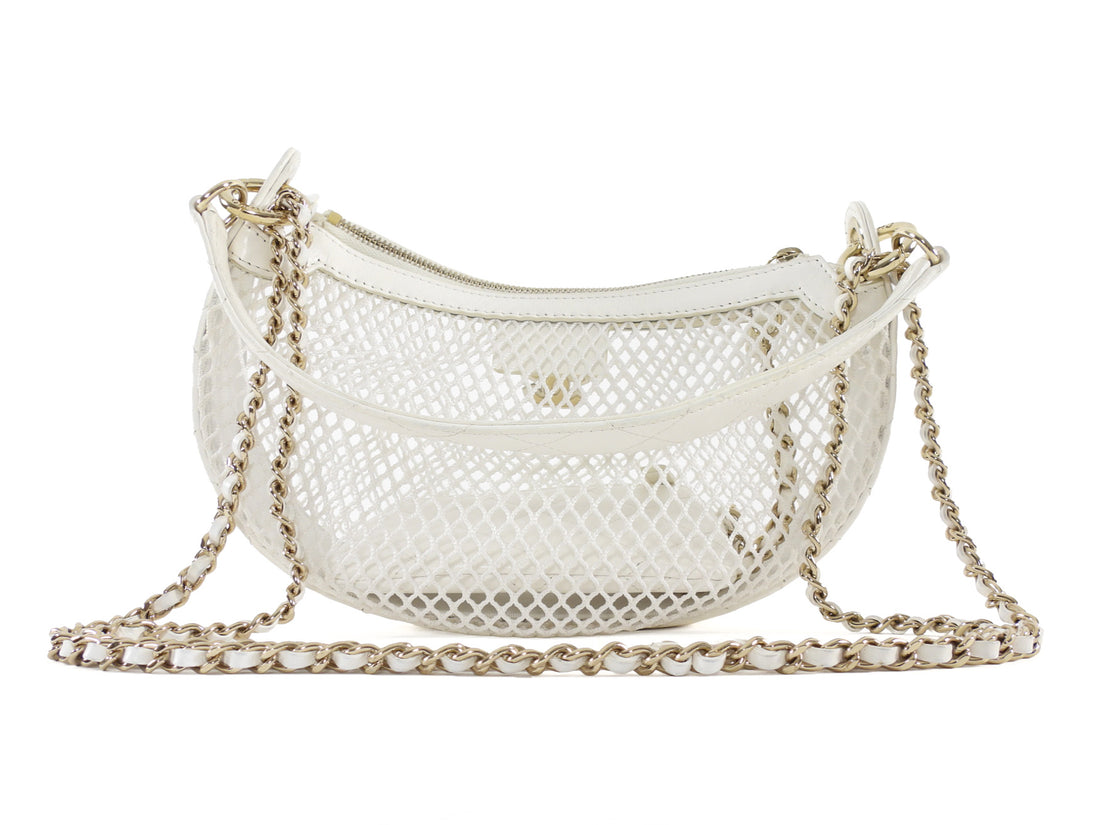 Chanel 2025 White Mesh Shiny Lambskin Chain Hobo Bag