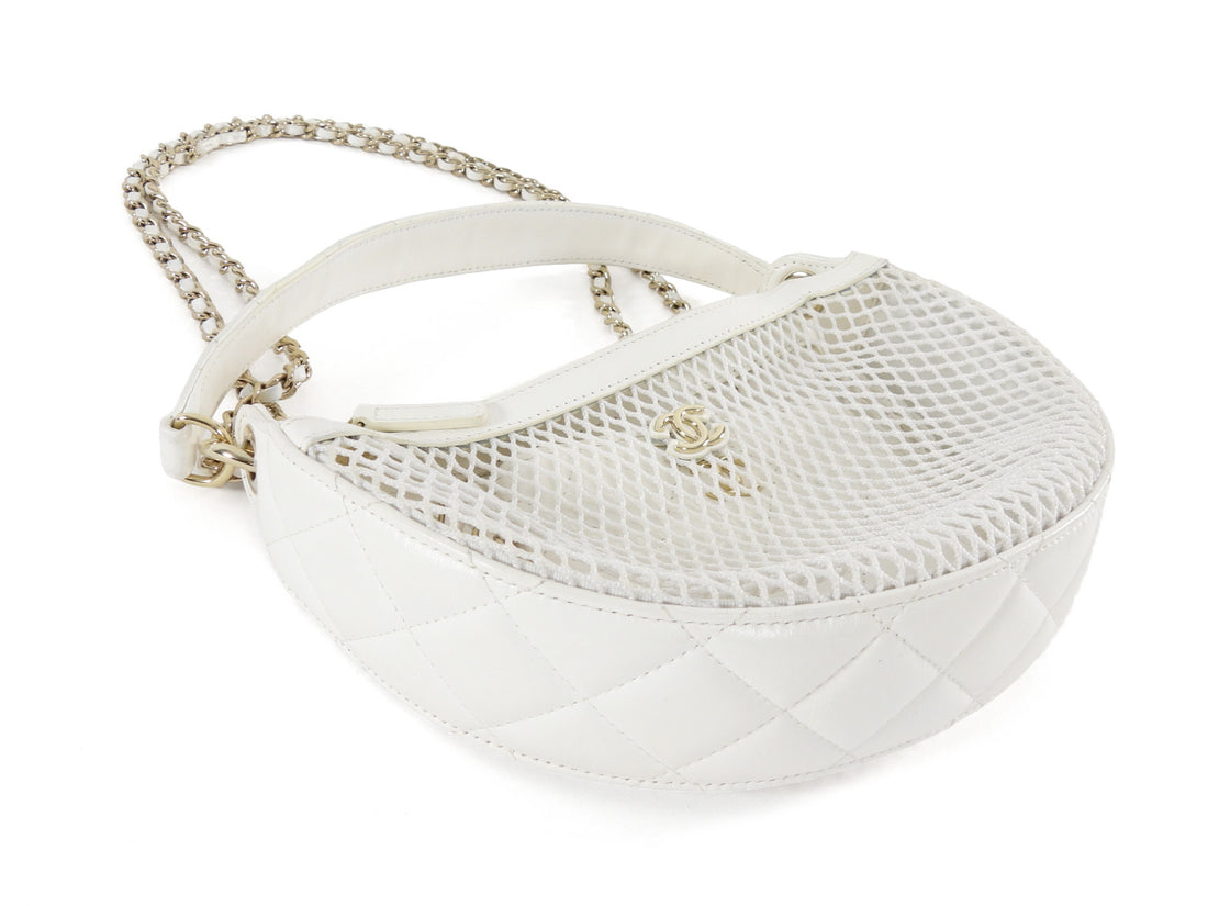 Chanel 2025 White Mesh Shiny Lambskin Chain Hobo Bag