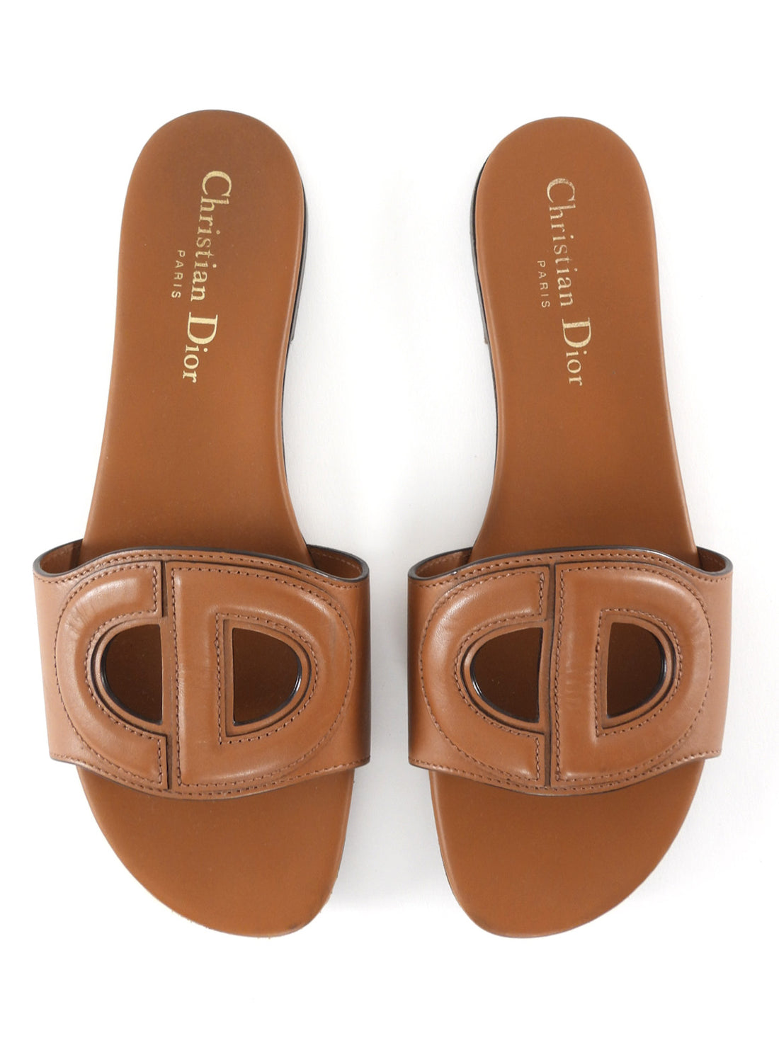 Christian Dior D-Club Brown Calfskin Leather Flat Mule Slide Sandals - 37.5