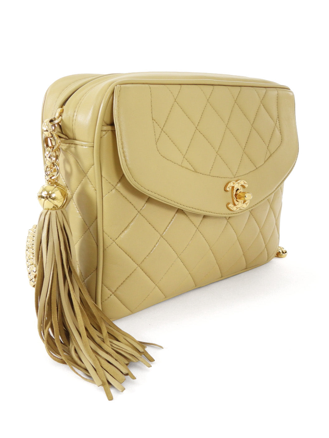 Chanel Vintage 1991 Beige Leather Medium Bijoux Tassel Flap Camera Bag