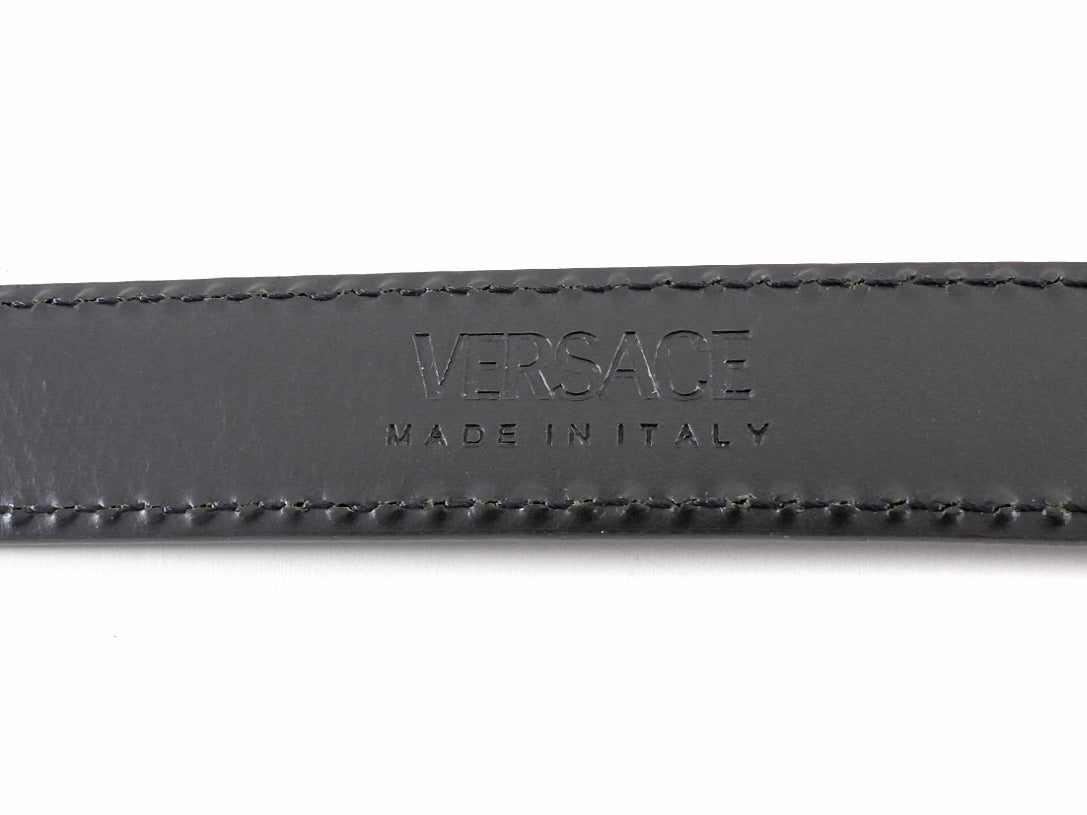 Versace Black Leather Goldtone Text Logo Buckle Belt 115/46