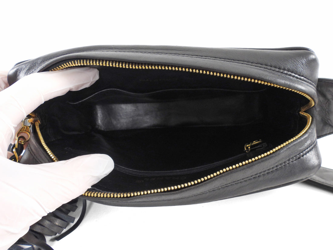Chanel Vintage 1994 Black Lambskin Quilted CC Pocket Tassel Camera Bag