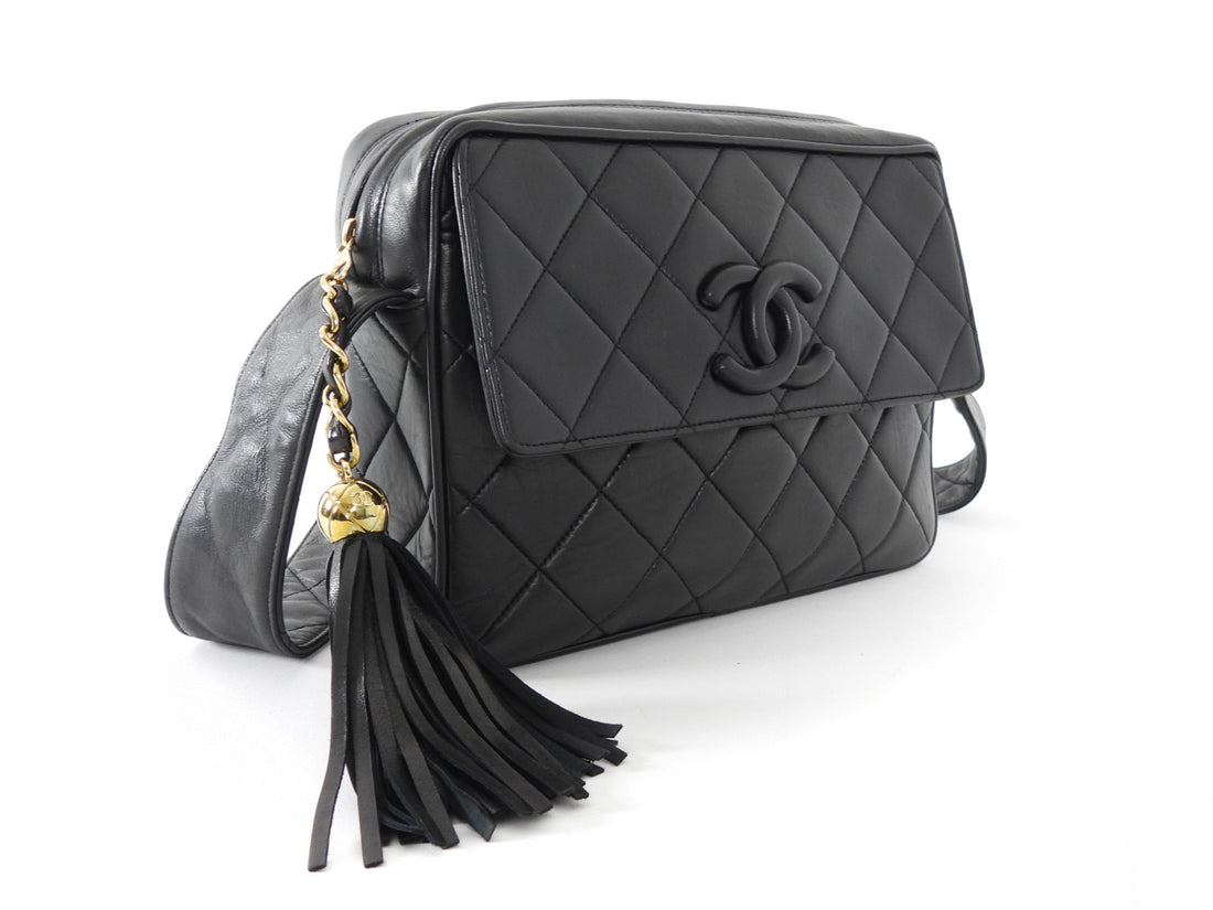 Chanel Vintage 1994 Black Lambskin Quilted CC Pocket Tassel Camera Bag