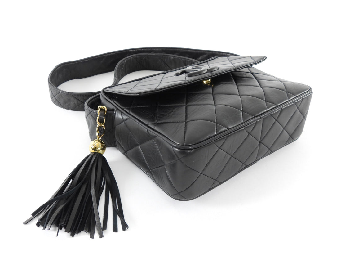 Chanel Vintage 1994 Black Lambskin Quilted CC Pocket Tassel Camera Bag