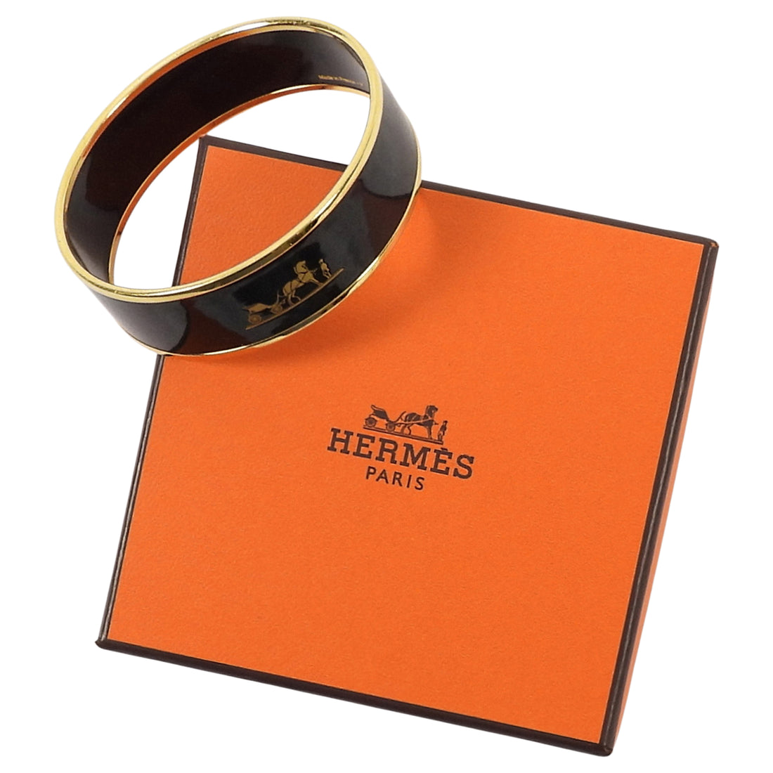 Hermes Black Gold Caleche Gold Enamel Bangle Bracelet PM