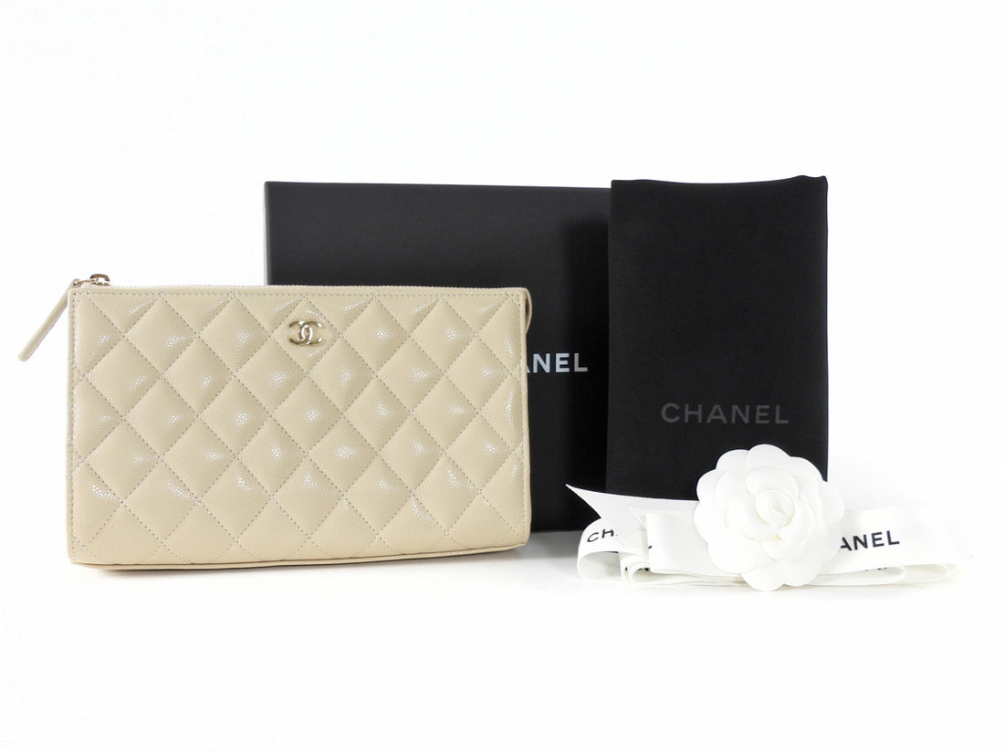 Chanel Light Beige Caviar Quilted Leather Timeless Clutch Bag