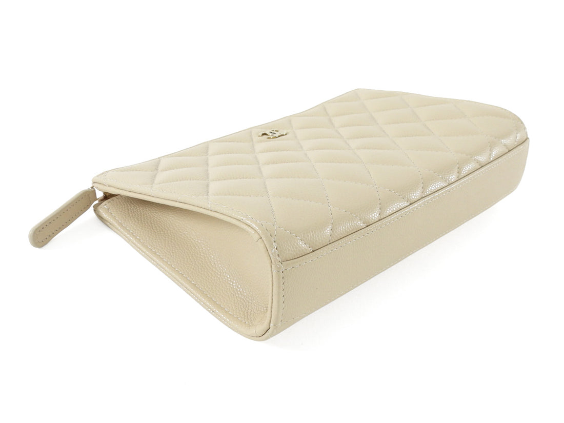 Chanel Light Beige Caviar Quilted Leather Timeless Clutch Bag