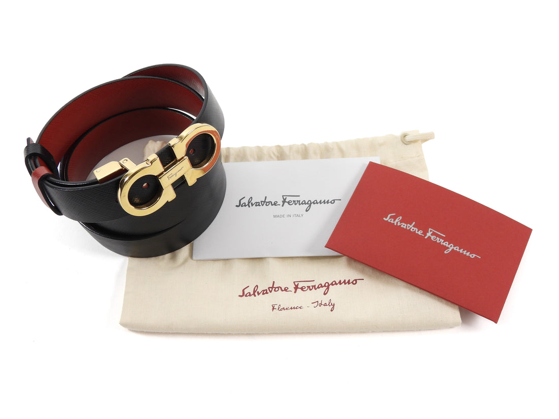 Ferragamo Red Black Reversible Leather Goldtone Gancini Buckle Belt -  100
