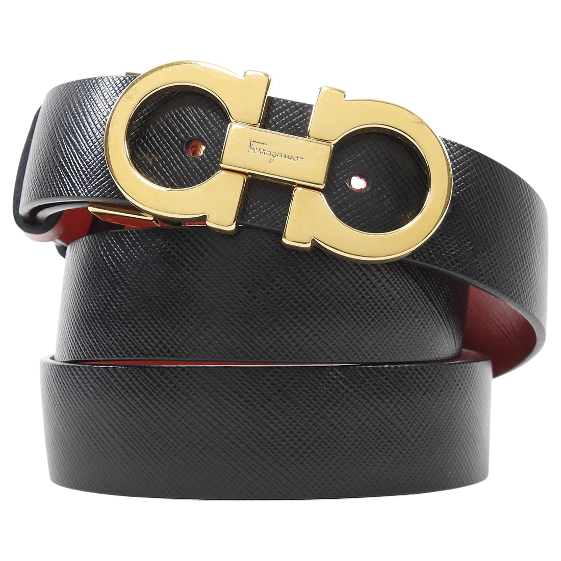 Ferragamo Red Black Reversible Leather Goldtone Gancini Buckle Belt -  100