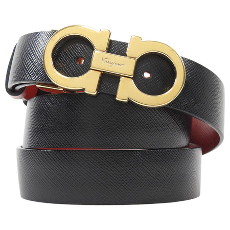 Ferragamo Red Black Reversible Leather Goldtone Gancini Buckle Belt -  100