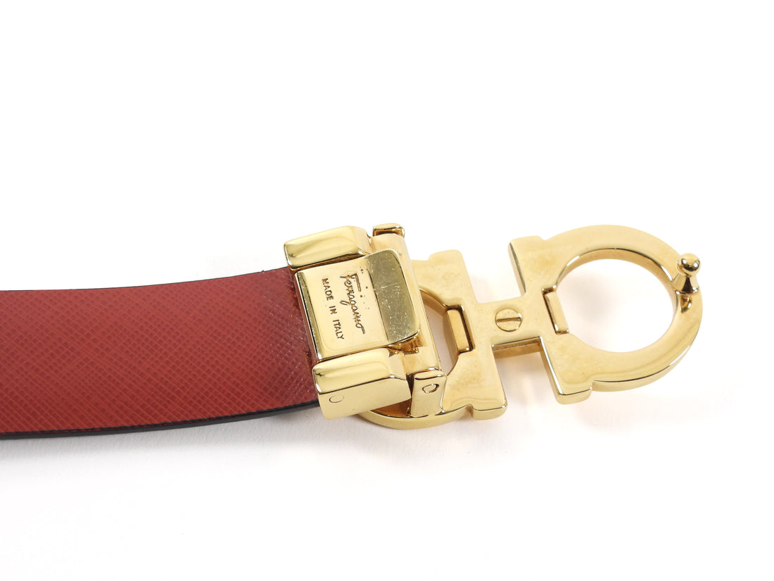 Ferragamo Red Black Reversible Leather Goldtone Gancini Buckle Belt -  100