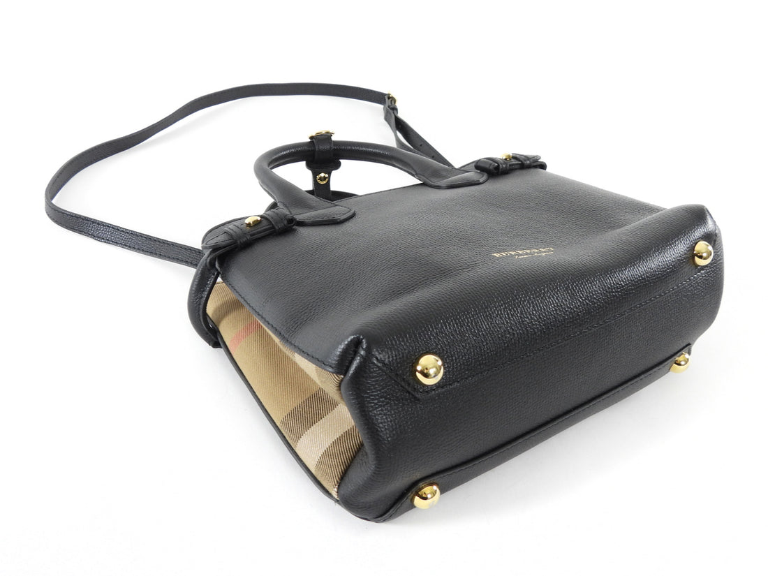 Burberry Black Grained Leather and Check Canvas Small Banner Two Way Bag