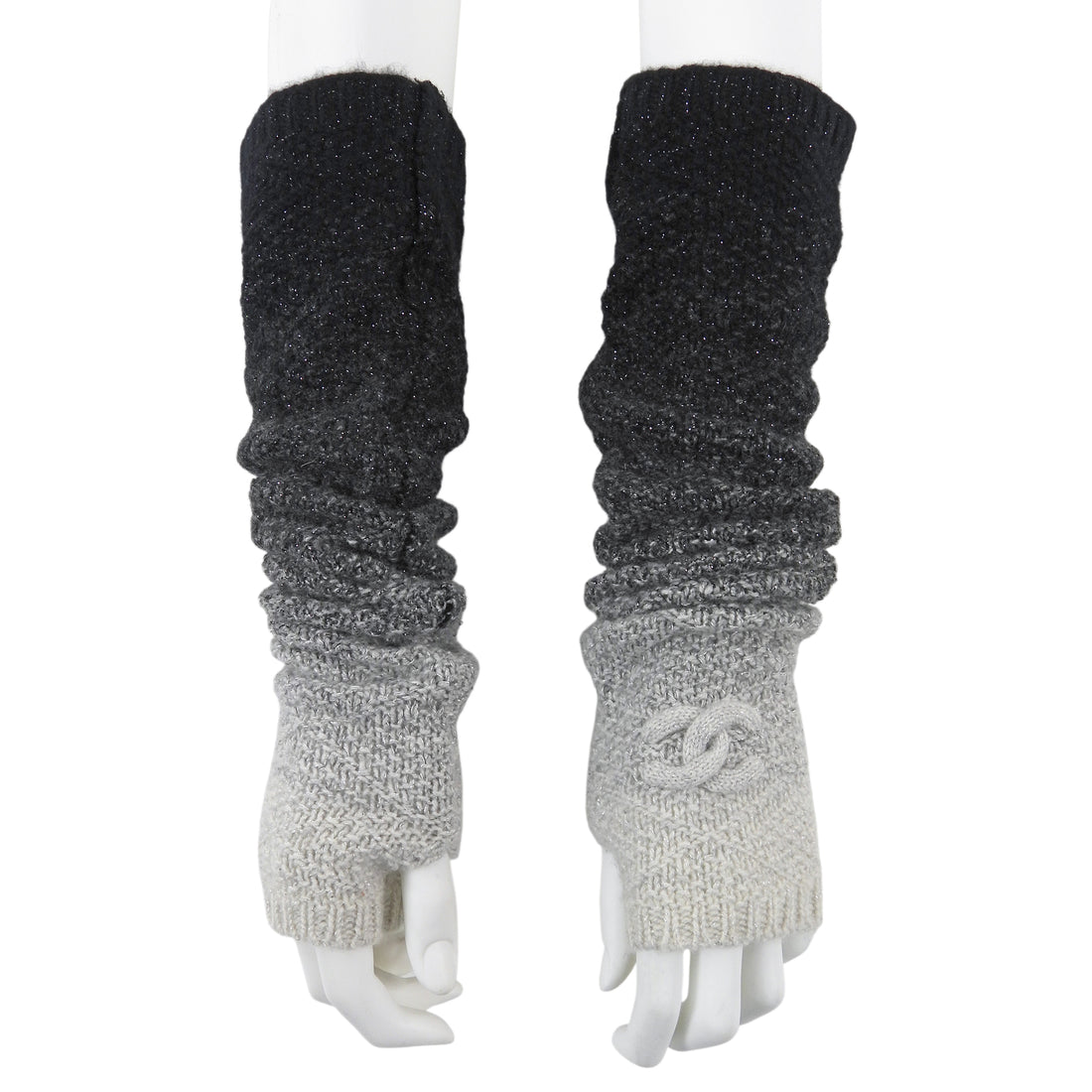 Chanel Grey Black Cashmere Blend Fingerless CC Ombre Gloves