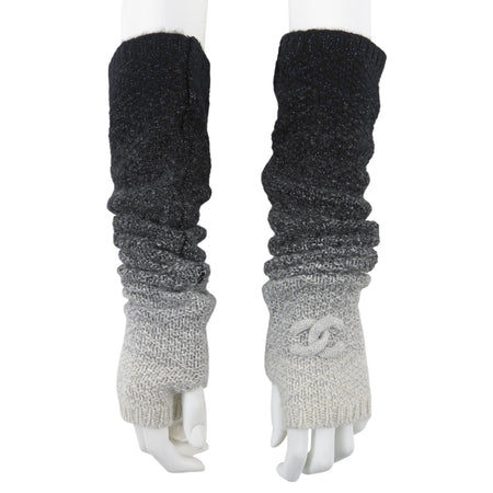 Chanel Grey Black Cashmere Blend Fingerless CC Ombre Gloves