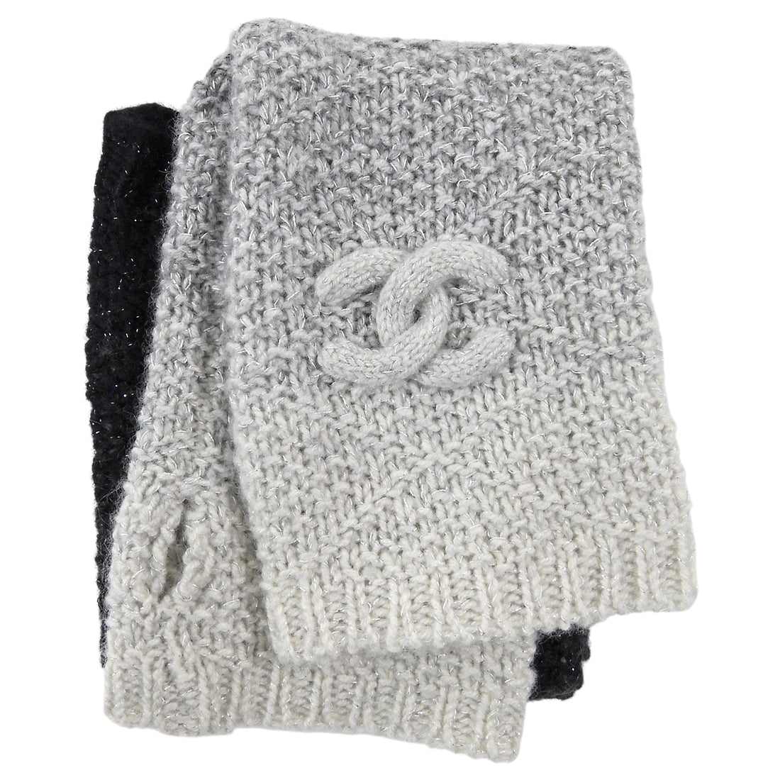 Chanel Grey Black Cashmere Blend Fingerless CC Ombre Gloves
