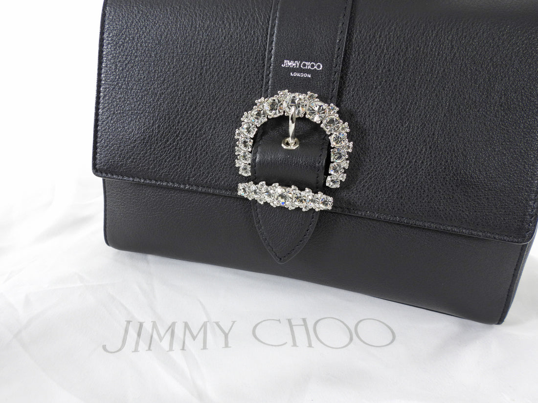 Jimmy Choo Cheri Jeweled Buckle Black Leather Small Top Handle Bag