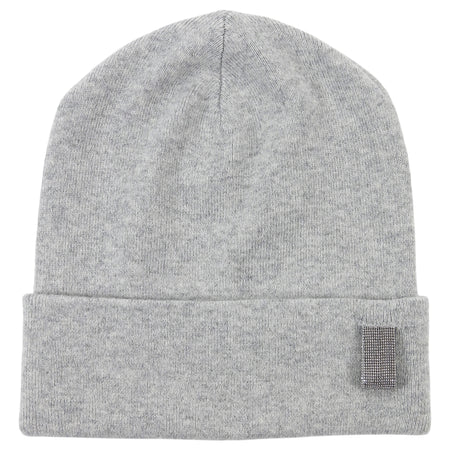 Brunello Cucinelli Light Grey Cashmere Stretch Knit Silver Monili Detail Toque Hat